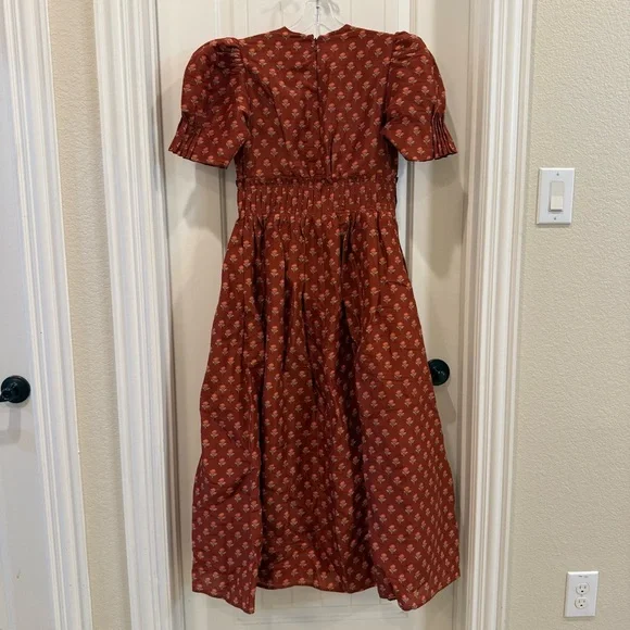 Lovaan Boehm Linen-Silk Puff-Sleeve V-Neck Midi Dress - Picture 7 of 10